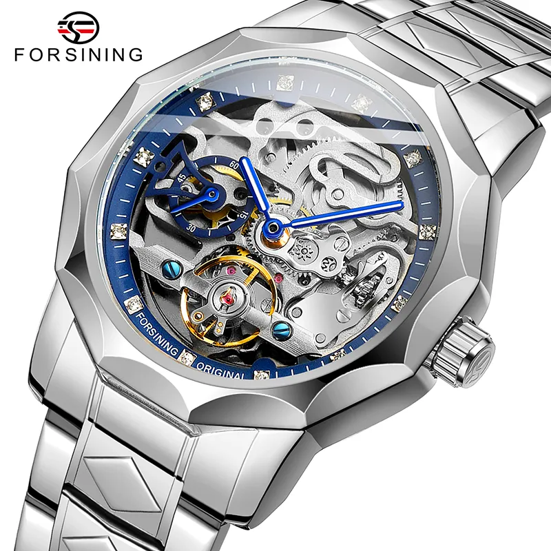 Forsining Luxury Design Skeleton Transparent Golden Stainless Steel Mens Automatic Mechanical Male Watch (Blue)